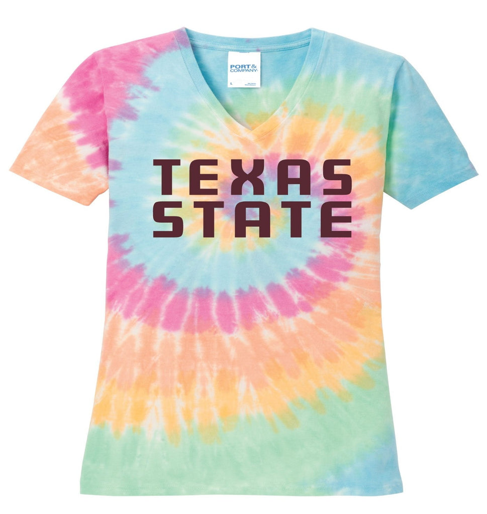 J2 Sport TXST Texas State University Bobcats NCAA Womens V-Neck Tie Dye T-Shirt
